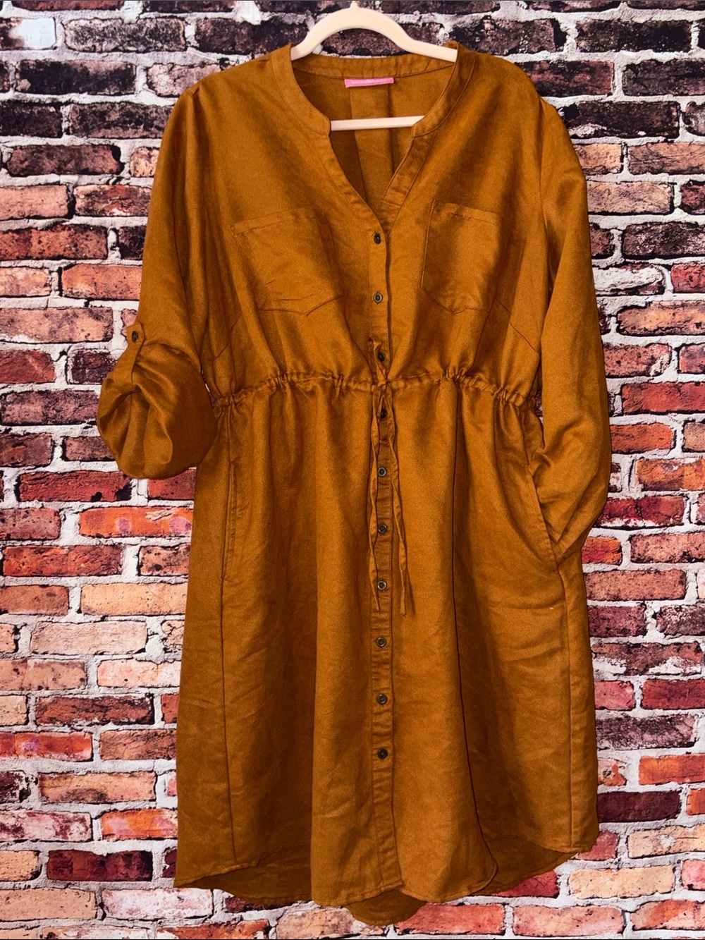 Woman Within Rust Long Sleeve Button-Front Drawstring Shirt Faux Suede Dress 2X